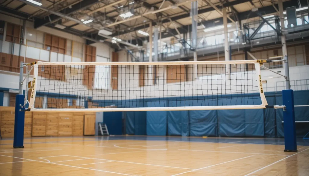 Volleyball net height setup for an indoor court, showcasing the proper standard for fair play and competitive gameplay
