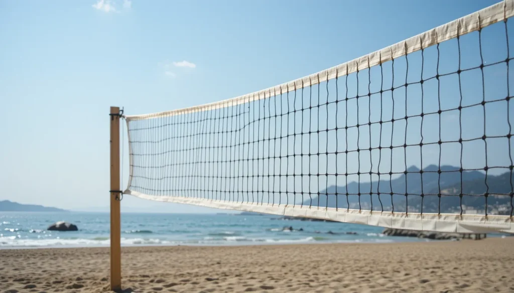 Men's volleyball net height on a beach volleyball court, highlighting the standard for outdoor games and competitive play
