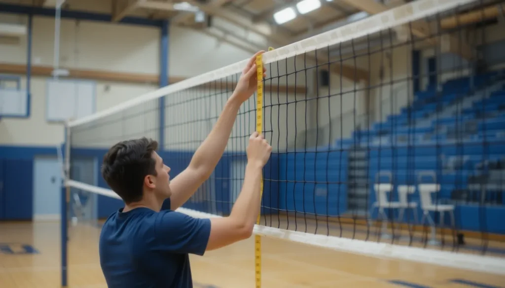 Volleyball net setup on a professional indoor court, demonstrating the standard volleyball net height for competitive play