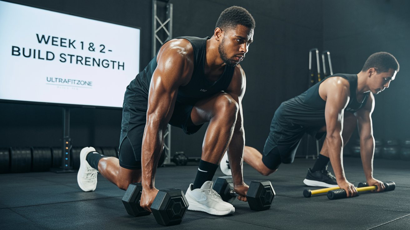 Basketball players performing dumbbell lunges and squats in a gym, with another athlete using resistance bands. A whiteboard in the background displays 'Week 1 & 2 - Build Strength.