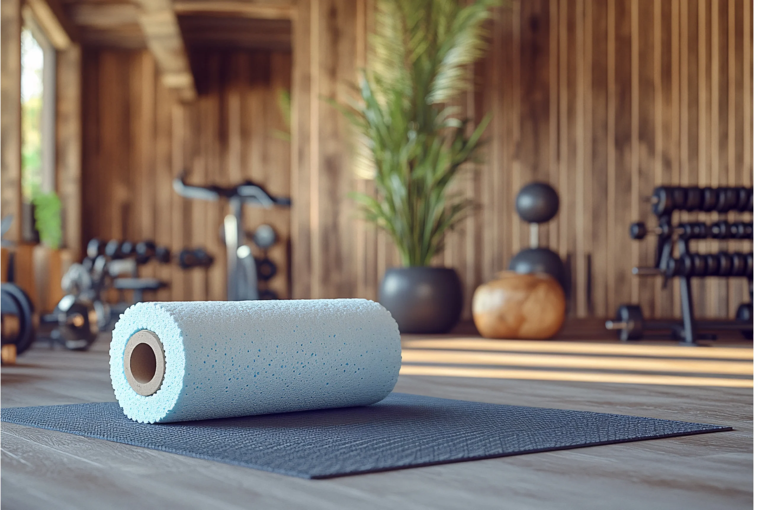 Essential gym accessories including mats, foam rollers, exercise balls, fitness ladders, and first aid kit.