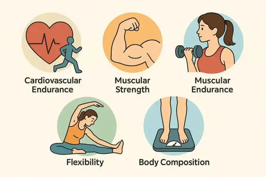 Five components of physical fitness including endurance strength flexibility and body composition