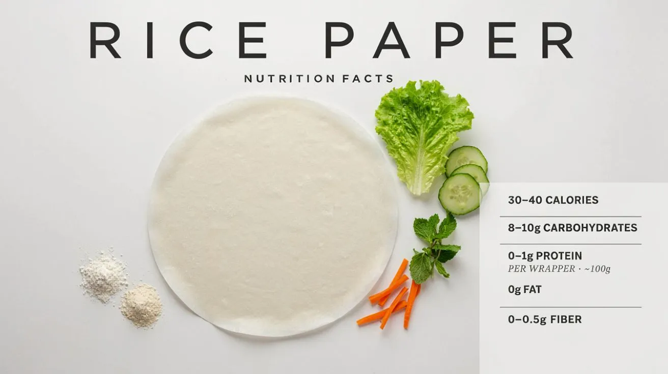 Rice paper nutrition facts per sheet showing calories carbohydrates protein fat and fiber