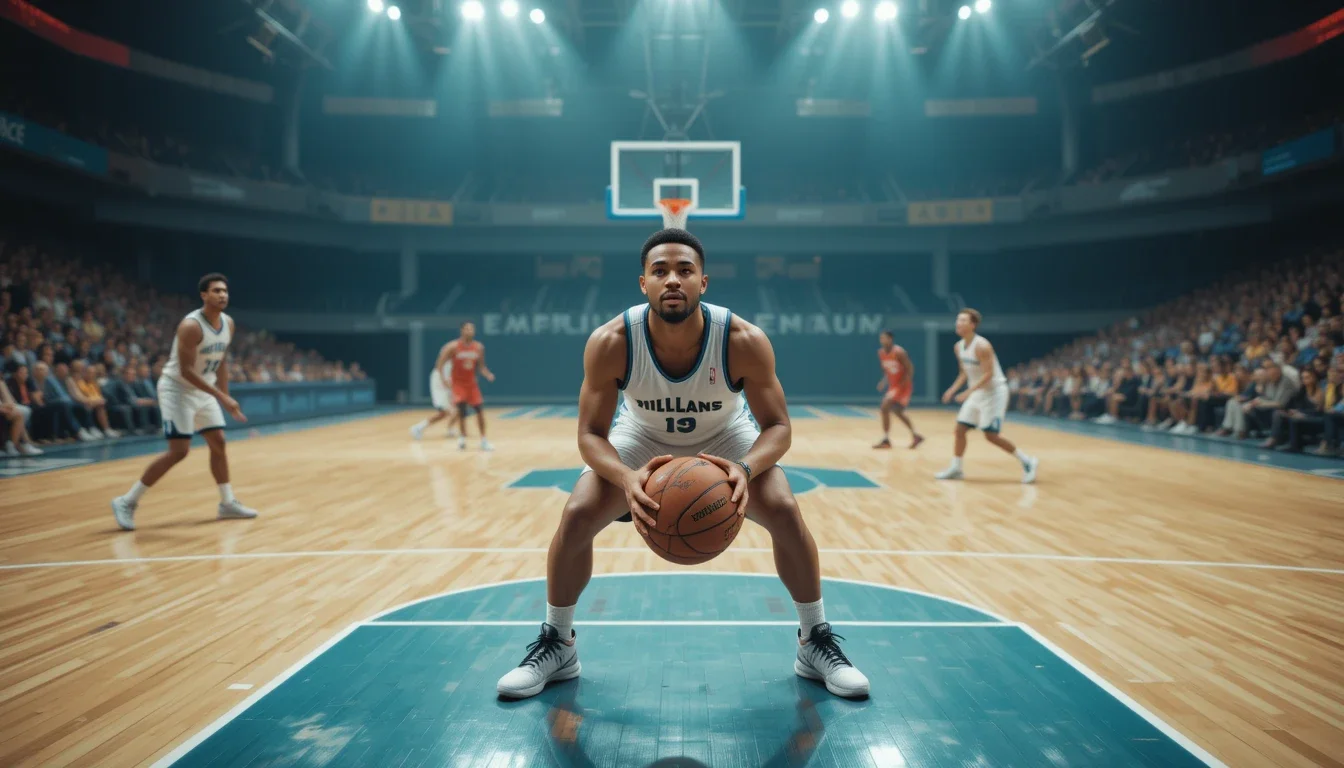 Basketball player in step three of the triple threat basketball stance, eyes up and body positioned to make a pass, dribble, or take a shot